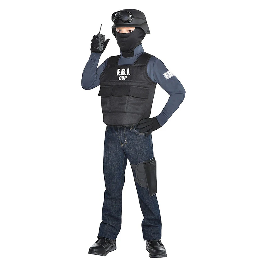 FBI Agent Police Uniform Bulletproof Vest Helmet Halloween Costumes Fancy Dress Outfit Children COP Body Armor Outfits Prop Boys
