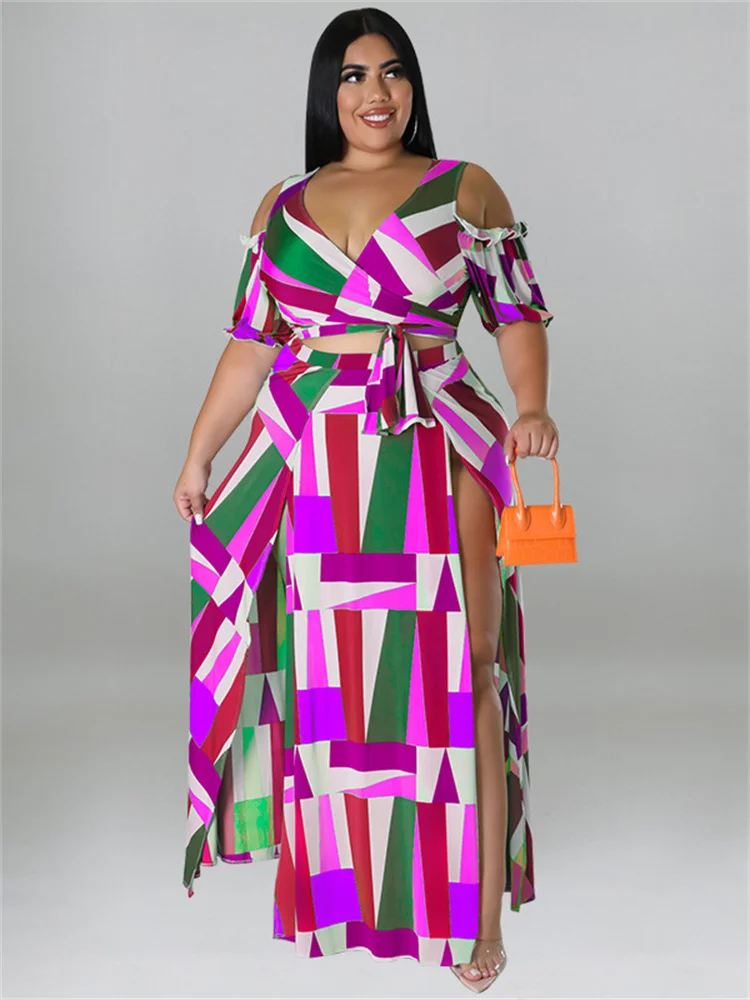 Plus Size Summer Plis Size Dress Sets Two Piece v Neck Printed Crop Top Big Swing Skirts Sexy Suits Sli 3xl 4xl 5xl 6xl