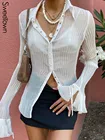 Милые Винтажные белые рубашки Sweetown в складку Y2K, женские элегантные модные топы на пуговицах с расклешенными рукавами, прозрачные сексуальные сетчатые футболки для девочек