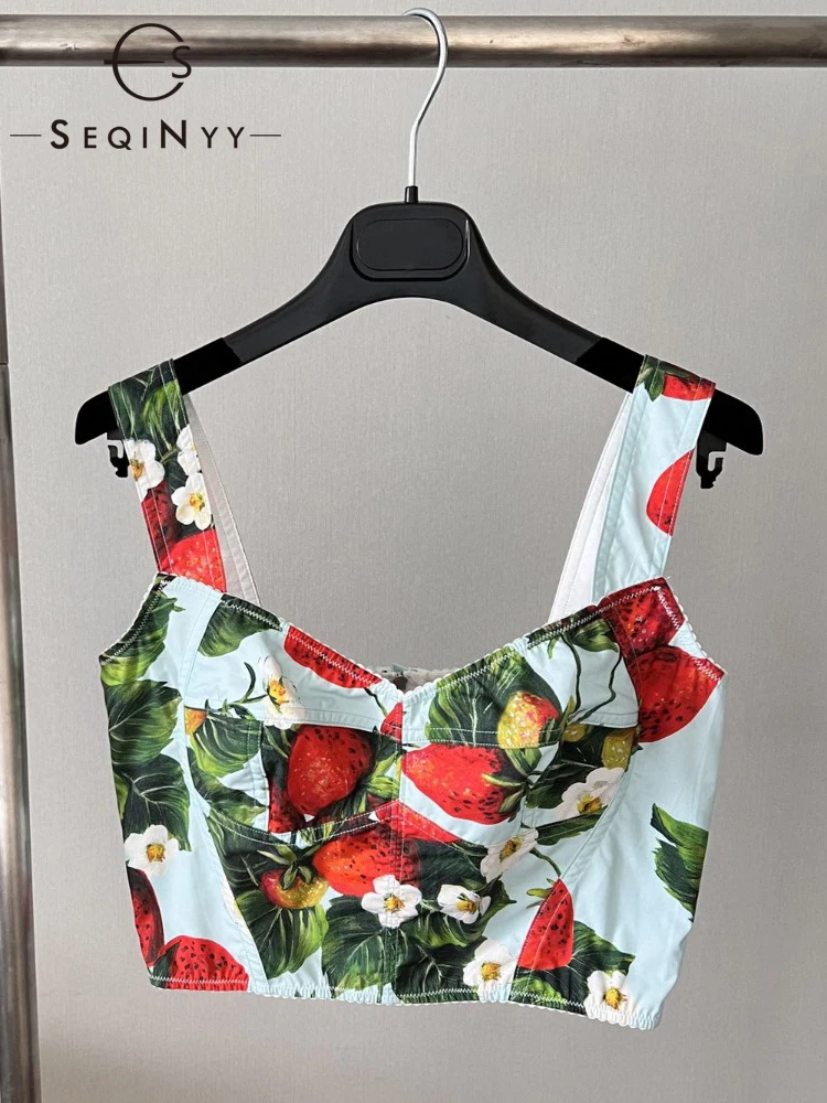 

SEQINYY 100% Cotton Vest Summer Spring New Fashion Design Women Runway High Quality Sicily Flowers Strawberry Print Crop Top