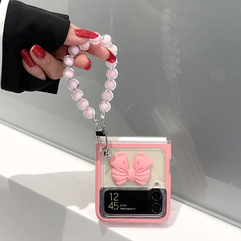 

Bow tie love is suitable for Samsung zflip4 mobile phone case transparent soft shell Galaxy z flip3 portable lanyard phone case
