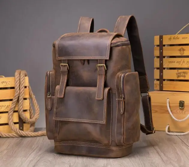 Кожаный рюкзак Crazy Horse в стиле ретро, верхний кожаный ранец 17 дюймов, уличный дорожный рюкзак