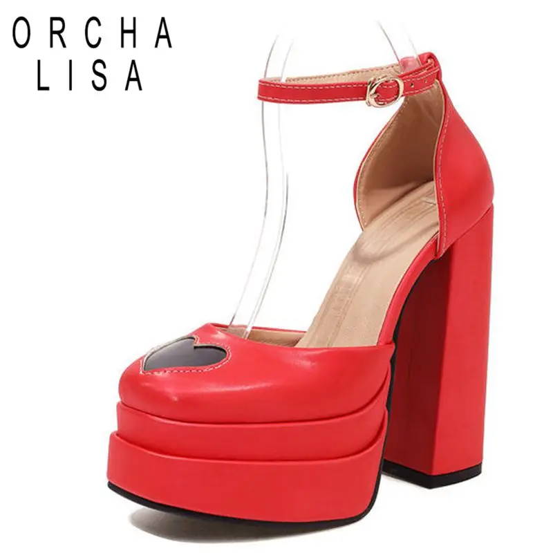 

ORCHA LISA 2022 Platform Ladies Pumps Square Toe Buckle Ankle Strap Heart Appliques Sweet Plus Size 34-46 Black Red Sexy S3702