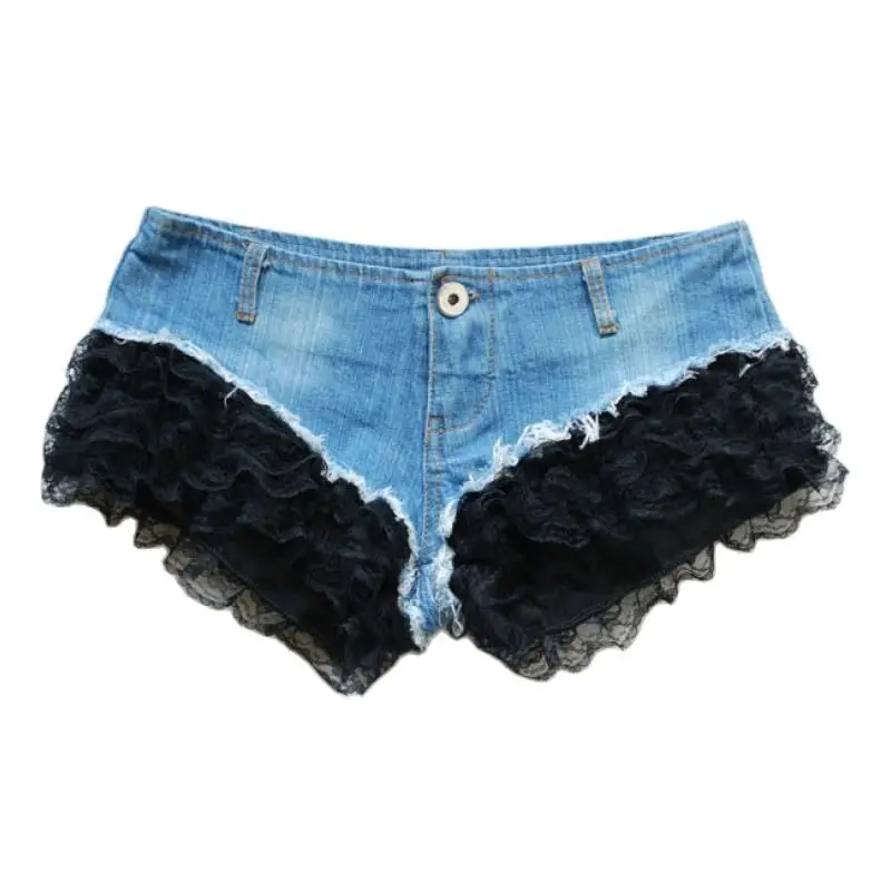 

2022 New Nightclub Women's Sexy Ultra Low Waist Denim Jeans Lace Splicing Shorts Dj Pole Dance