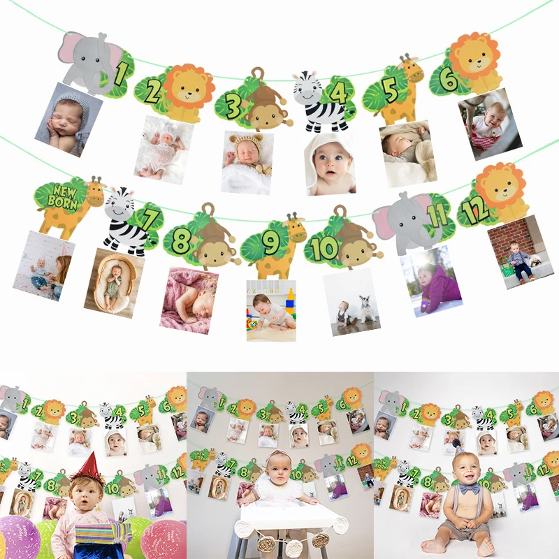 

Jungle Animal Birthday Photo Banner 12 Month Bunting Garland Wild One Year Baby Shower Kids First Birthday Party Decoration Prop