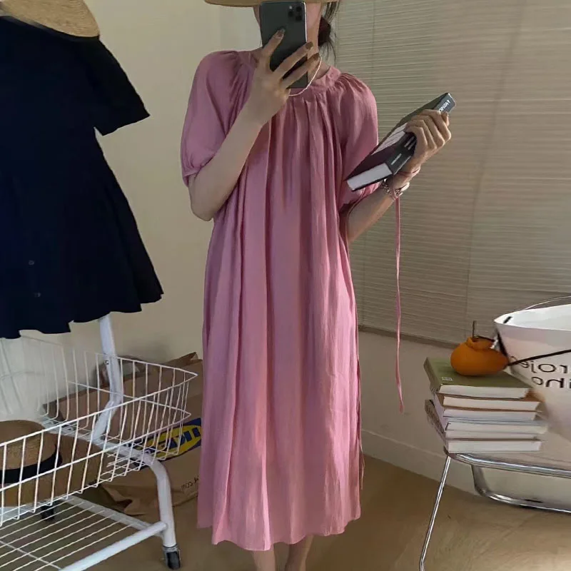 

VANOVICH Korean Style Summer New Elegant Temperament Solid Color O-neck Pleated Belt Waist Puff Sleeve Mid-Calf Pullover Dress