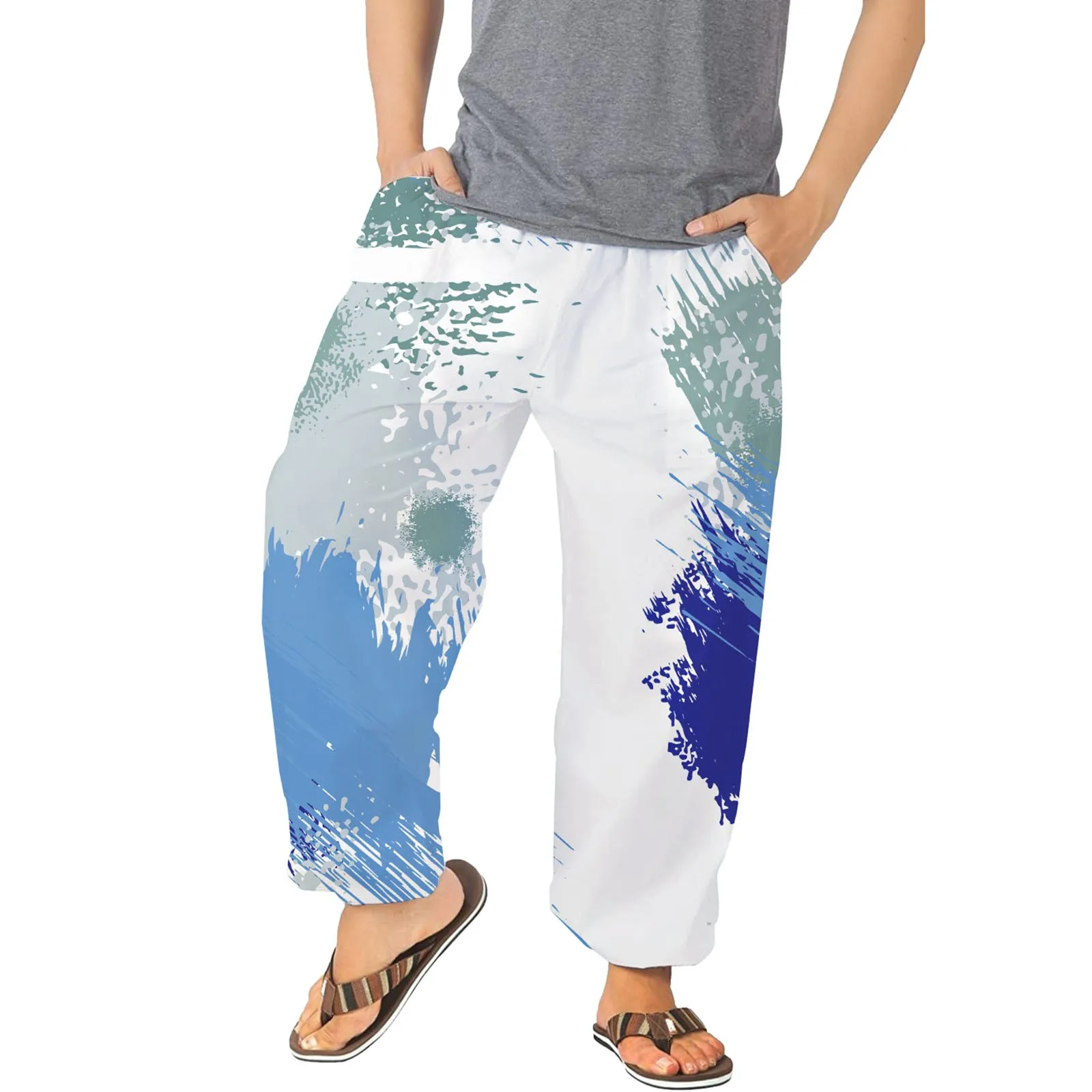 

Mens Pants Casual Versatile All Print Loose Pants Fashion Beach Pocket Trousers Purple Toe