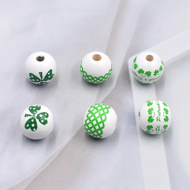 Натуральные бусины 16 мм деревянные с зеленым узором россыпью для рукоделия