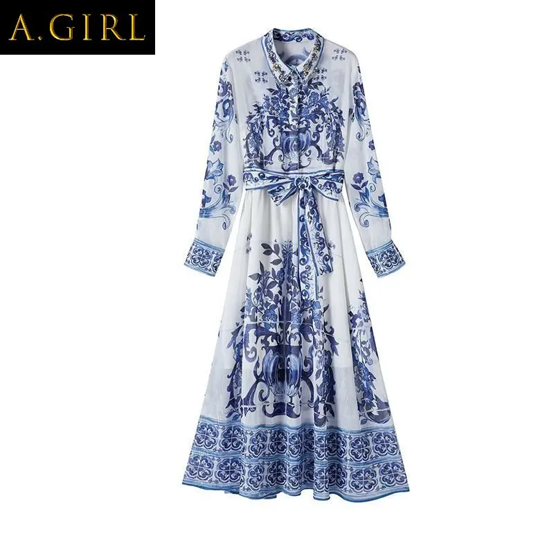 

A GIRLS Banulin Summer Sliver Blue And White Porcelain Chiffon Dress Women Beading Lapel Lantern Sleeve Bow Sashes Elegant Long