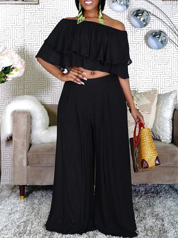 Plus Size 2 Piece Set for Women Clothing Sexy Off Shoulder Ruffles Crop Top Casual Elegant Wide Leg Long Pants Fashion Outfits