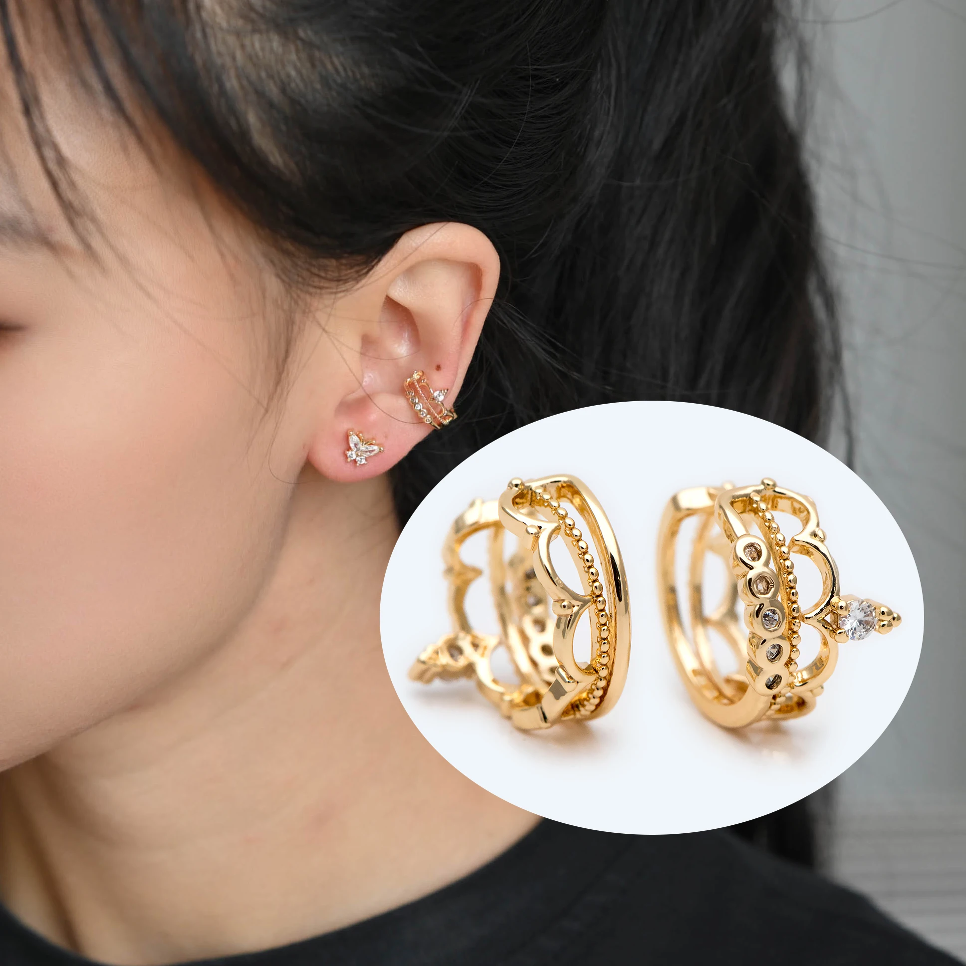 

10pcs CZ Paved Crown Ear Cuff, Cartilage, Dainty Earcuff Earring (GB-2066)