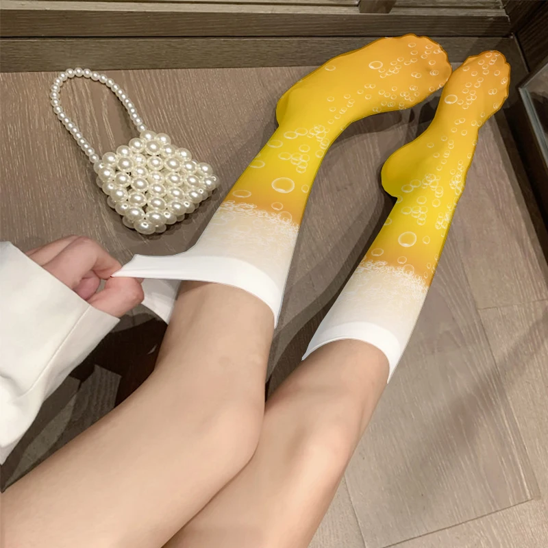 Забавное пиво носки до середины икры с 3D принтом тонкие летние эластичные