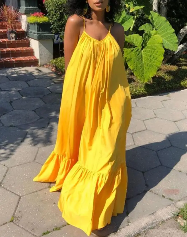 

2023 Summer New Fashion Casual Popular Women's V-Neck Spaghetti Strap Ruched Ruffles Tied Detail Cutout Back Casual Maxi Dress