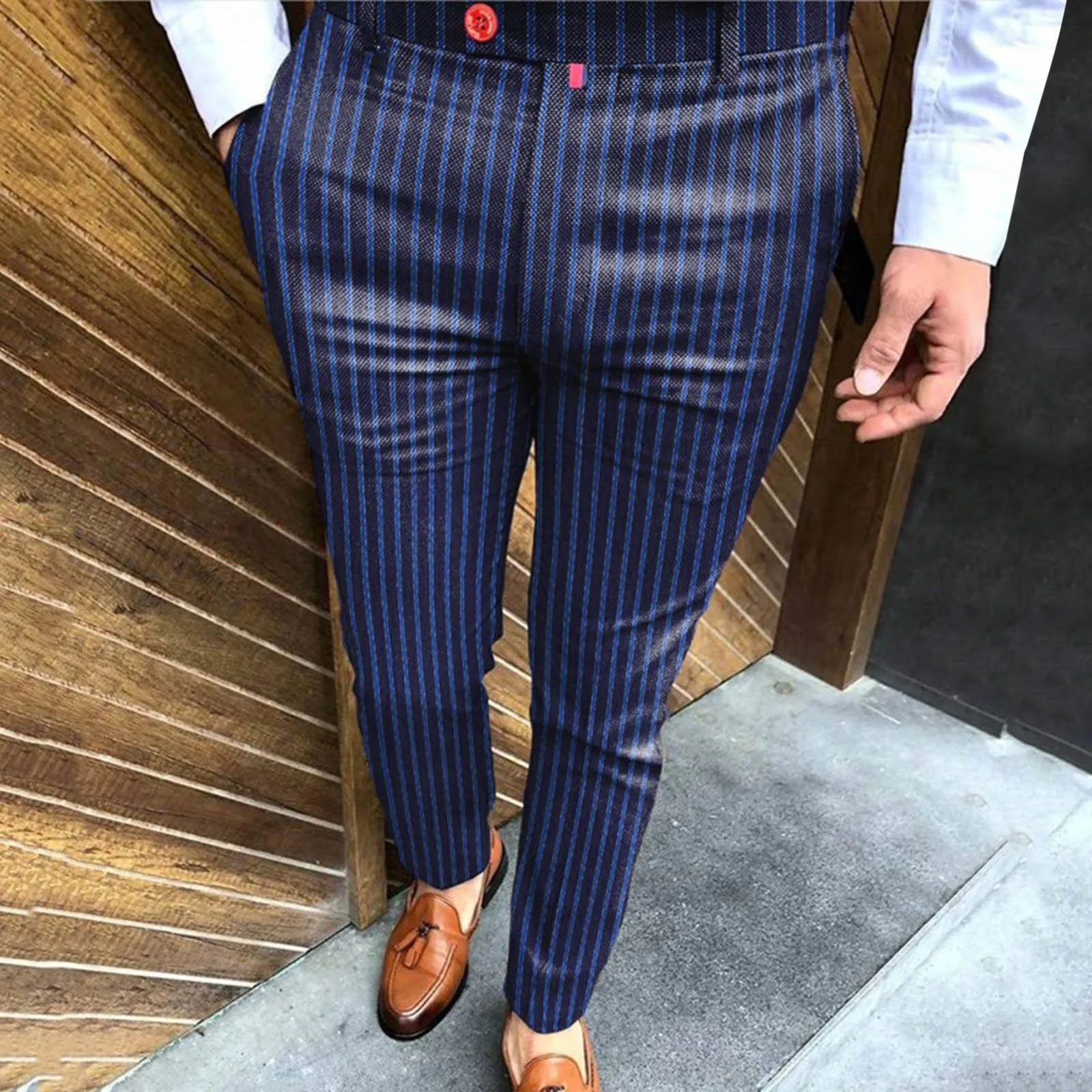 

Men New Casual Striped Printed Party Suit Pants Elastic Foot Pants With Pockets High Quality Daily Simple Pant Pantalones Hombre
