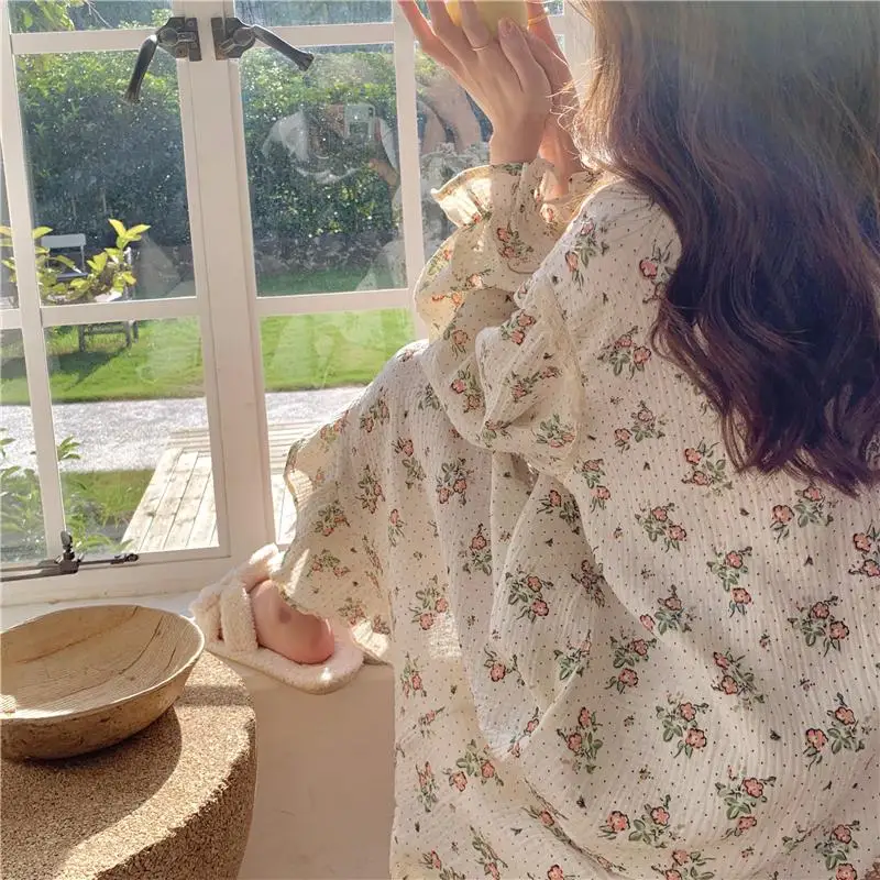 

Korean Floral Print Summer Nightgown Women Lace Patchwork Single Breasted Long Midi Night Dress Loose Cotton Sleepwear Sweet