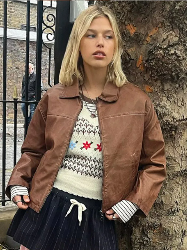 Винтажная женская куртка из искусственной кожи на молнии спереди 2024 модное