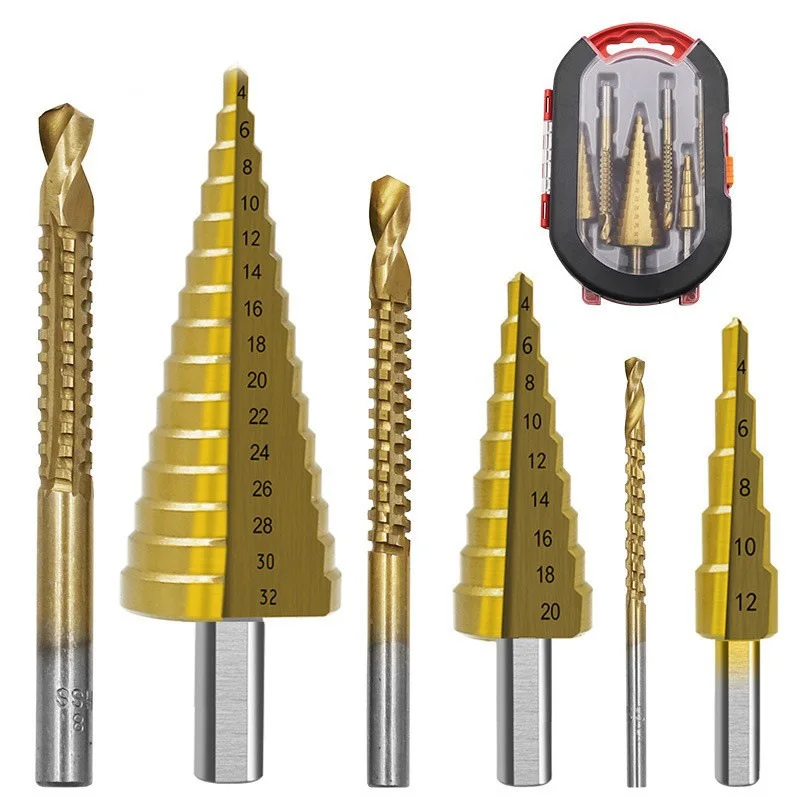 

Pagoda Drill Set 6pc High Speed Steel 4241 Titanium Plated Step Drill Pull Groove Drill Sawtooth Stainless Steel Hole Opener
