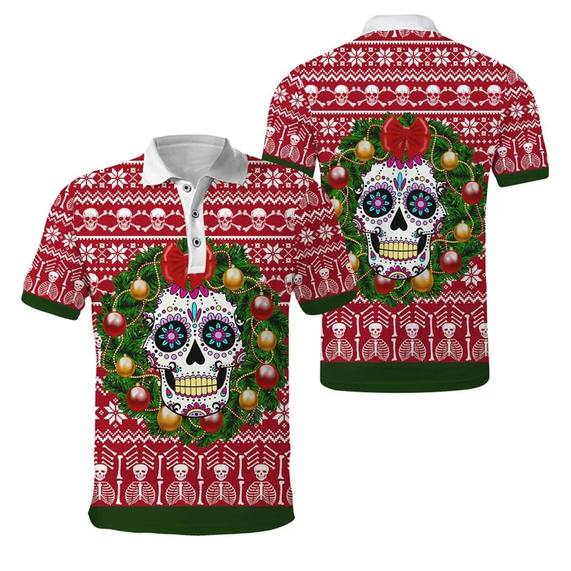 Fashion Merry Christmas Funny Santa Claus Skull 3D Full body Print Men's Polo Shirt Casual Polo Collar Short Sleeve Shirt