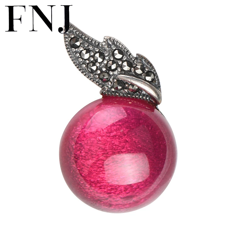 

FNJ 925 Silver Rose Corundum Pendant Original Pure S925 Silver Pendants for Jewelry Making Women MARCASITE Round