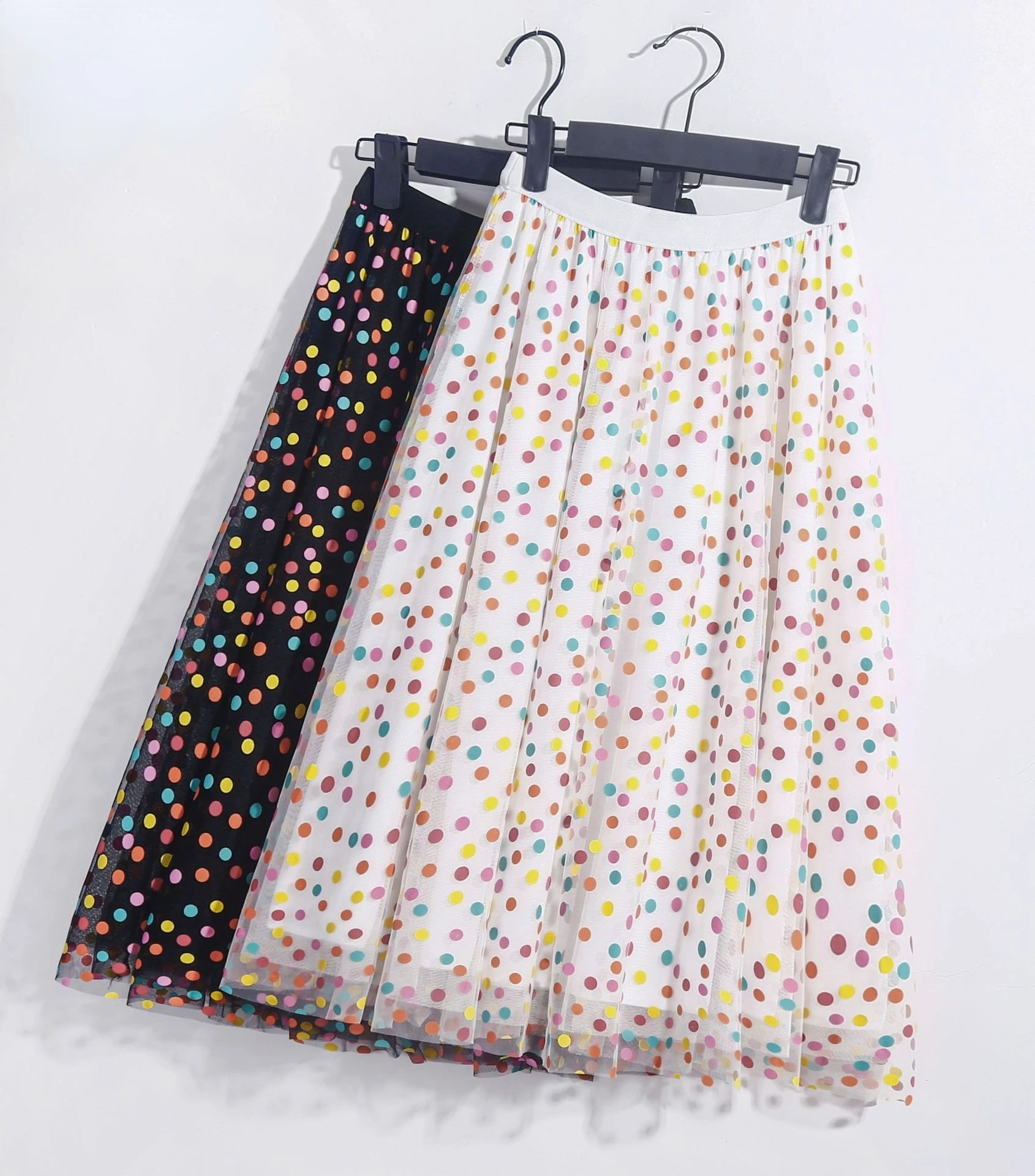 Женская фатиновая юбка в горошек трехслойная длинная 65 см балетная Радужная