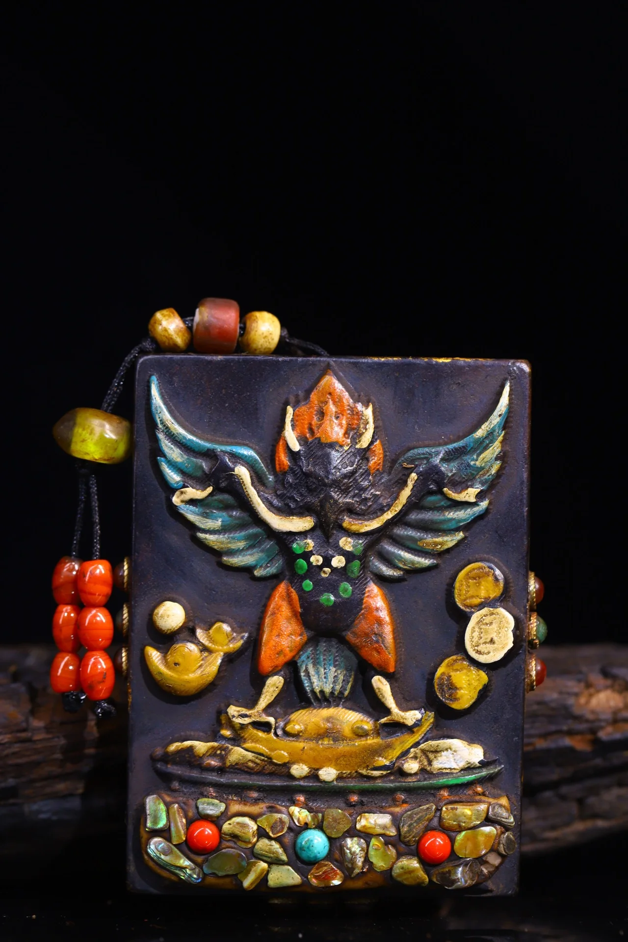 

3"Tibetan Temple Collection Natural meteorite Mosaic Shell Gem gZi Beads Roc Golden Garuda Dhwaja Pendant Amulet Dharma Exorcism