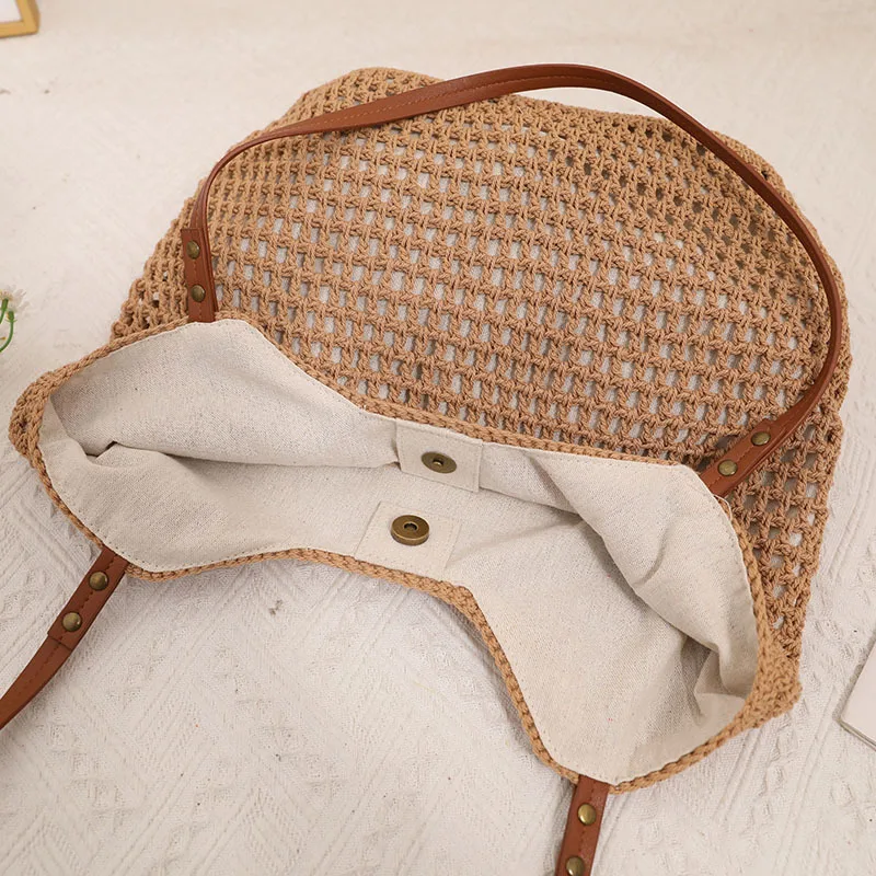 Leisure Hollow Out Knit Shoulder Cotton Thread Eco Rattan Woven Bag Summer Beach Sea Vacation Bag Women's Tote Bag Handbags