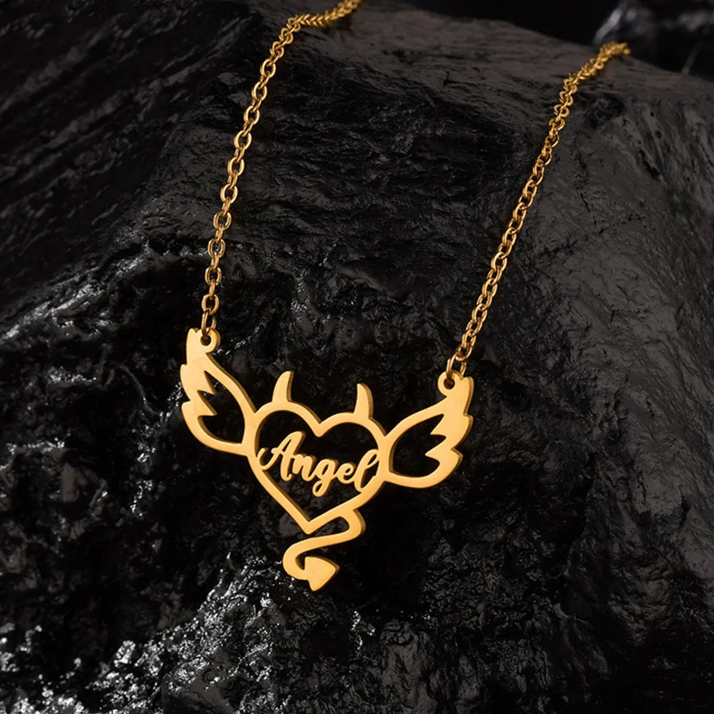 

JewelryR Personality Custom Devil Angel Name Necklace Stainless Steel Heart Wing Nameplate Pendant Choker For Women Jewelry Gift