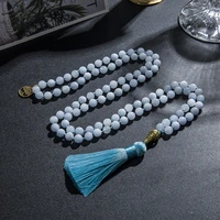 8mm blue chalcedony knotted 108 beaded mala necklace meditation yoga prayer jewelry japamala rosary for men and women