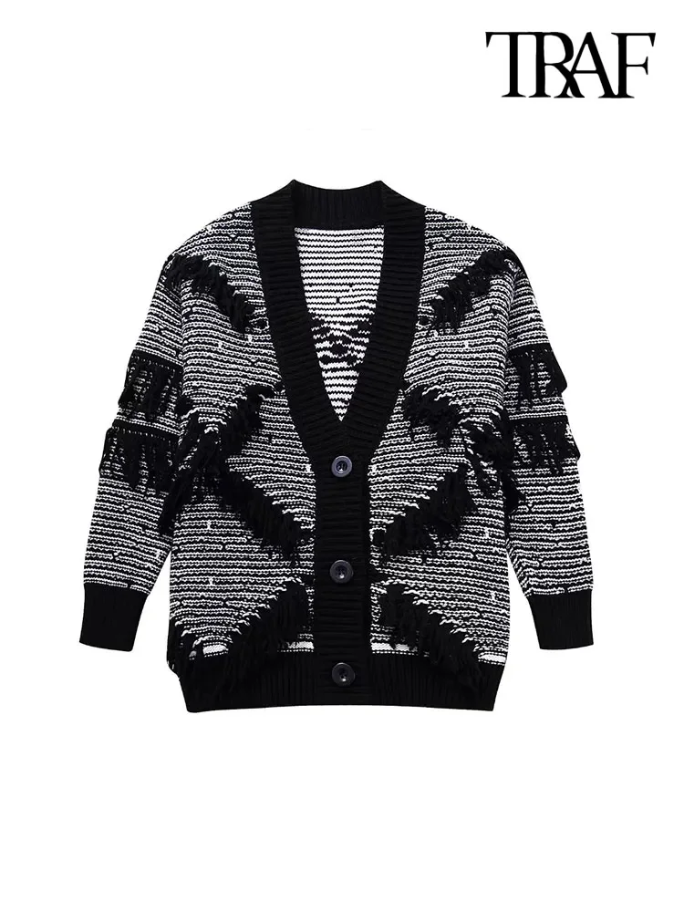 

TRAF Women Fashion With Tassel Jacquard Knit Cardigan Sweater Vintage Long Sleeves Button-up Female Outerwear Chic Tops