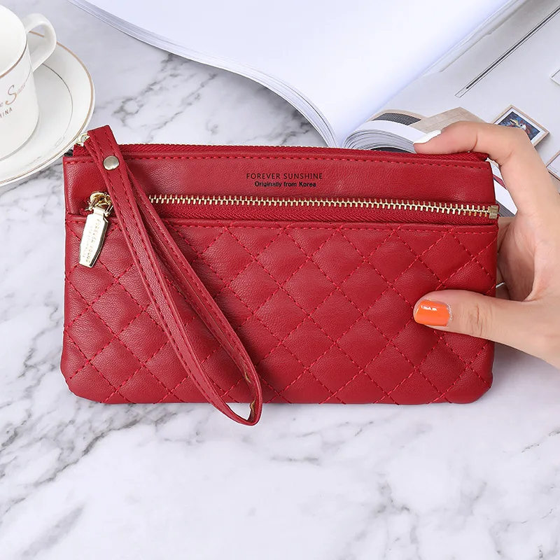 Korean Solid Lingge PU Leather Women Long Zipper Coin Wrist Purses Clutch Wallet Female Card Holder Cумки женские модные 2022