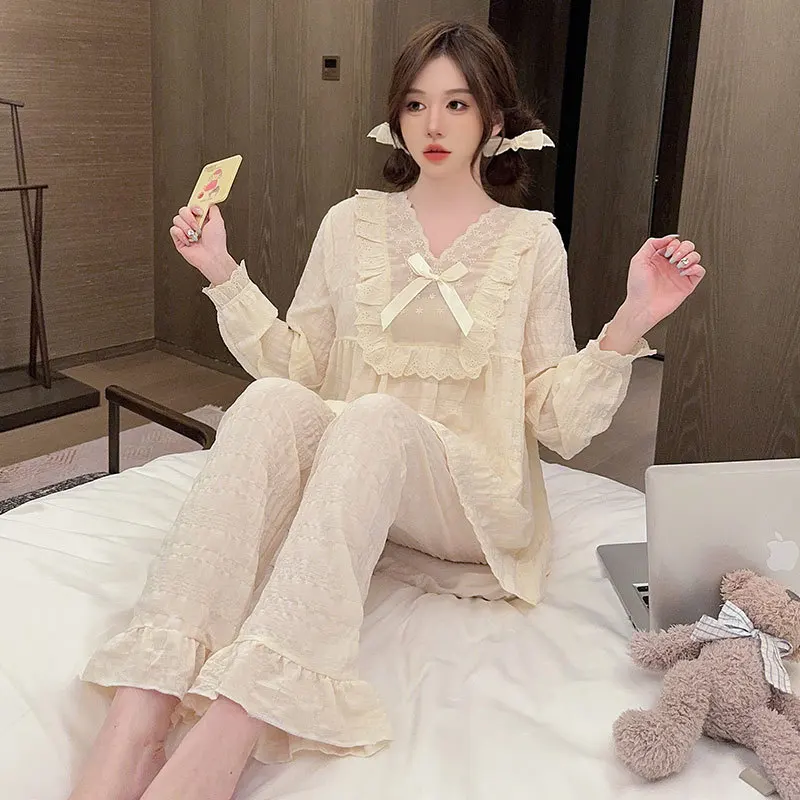 Пижама с длинным рукавом для женщин повседневная Милая Кружевная Домашняя