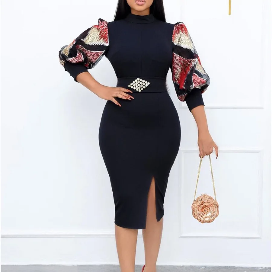 

LIZHILIZHI 2022 Summer Fashion Print Patchwork Dress Elegant Puff Sleeve Midi Dress African Plus Size Women's Party Wedding