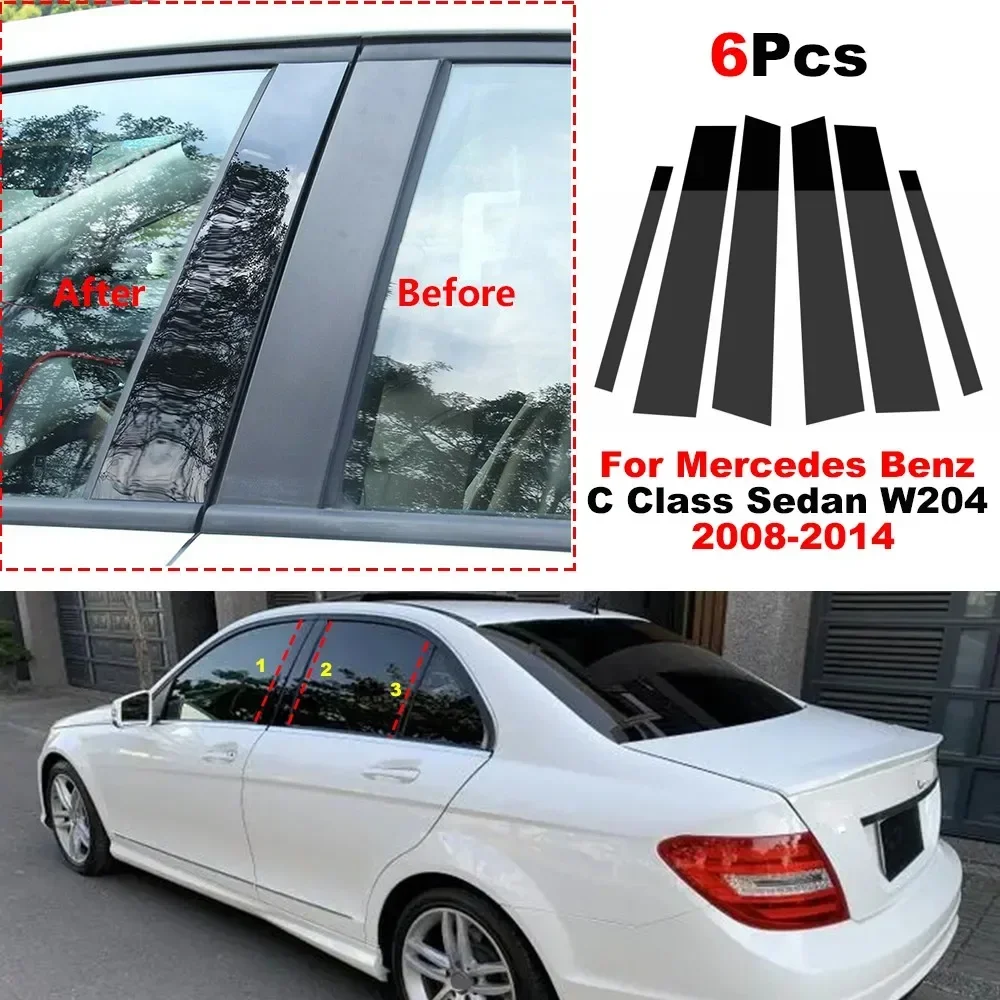 6x Glossy Black Carbon Fiber Mirror Effec Window Door Column B C Pillar Post PC Cover Trim For Mercedes Benz Class Sedan W204