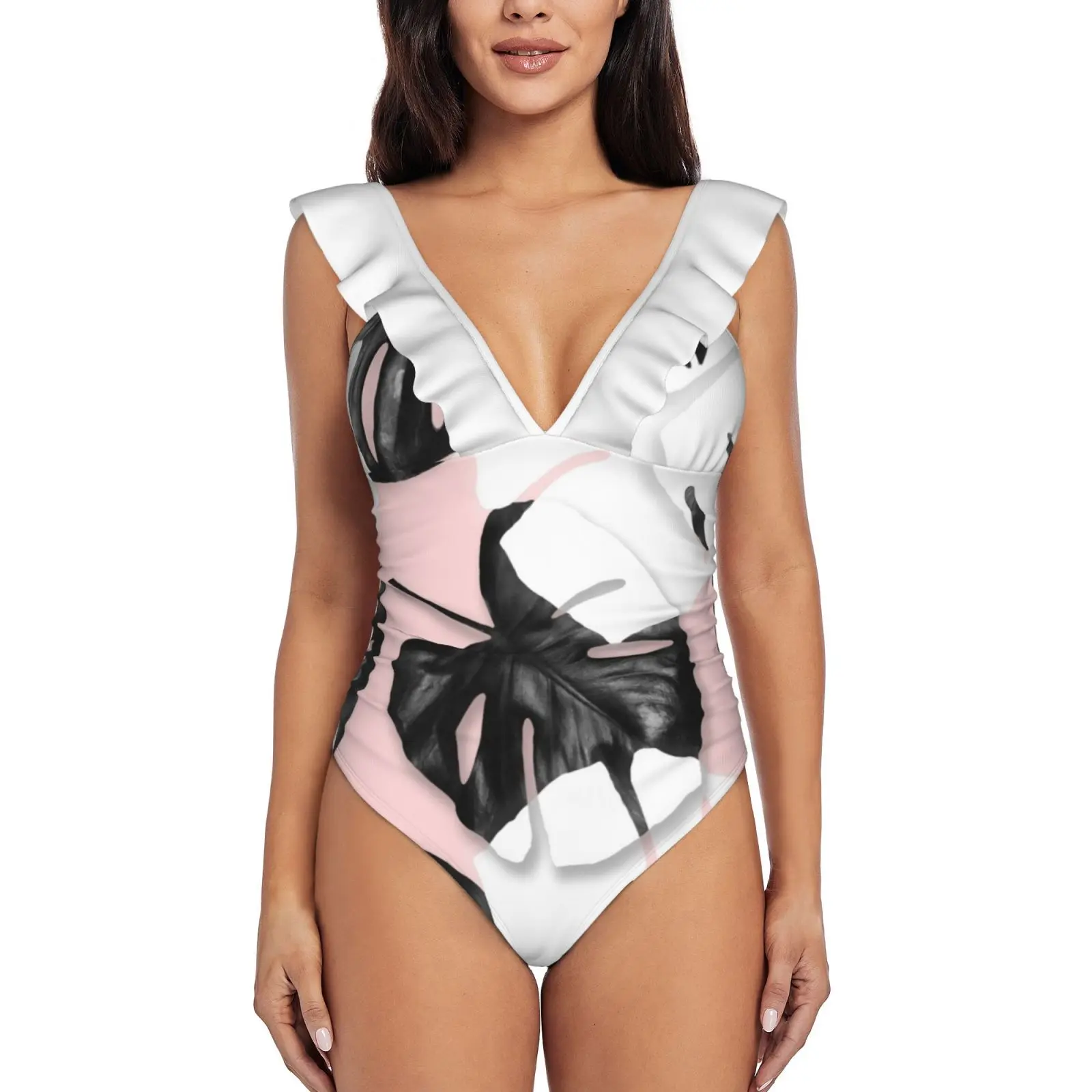 

Modern Black White Monstera Tropical Leaf On Pastel Blush Ruffle One Piece Swimsuit Women Swimwear Push Up Monokini Sexy Print