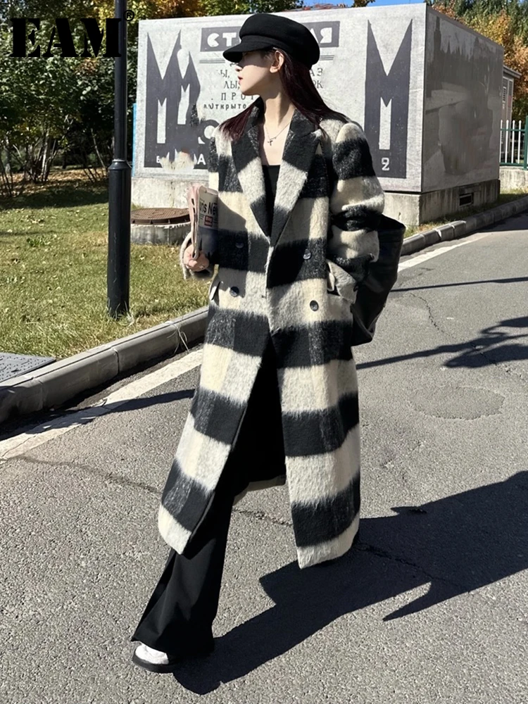 

[EAM] Loose Fit Beige Plaid Big Size Long Warm Woolen Coat Parkas New Long Sleeve Women Fashion Tide Autumn Winter 2023 1DF2427