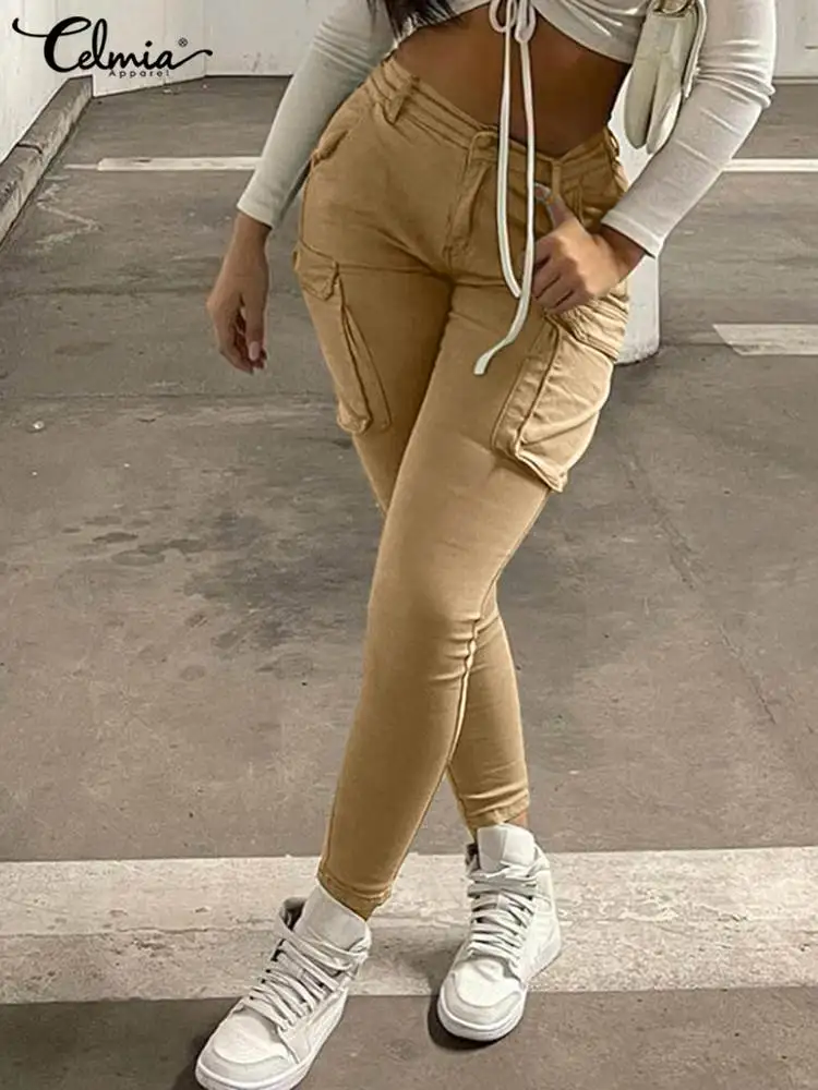 

Celmia Skinny Office Pantalones 2022 Summer Streetwear Solid Legging Long Pants Women's Fashon Pockets Leisure Cargo Trousers