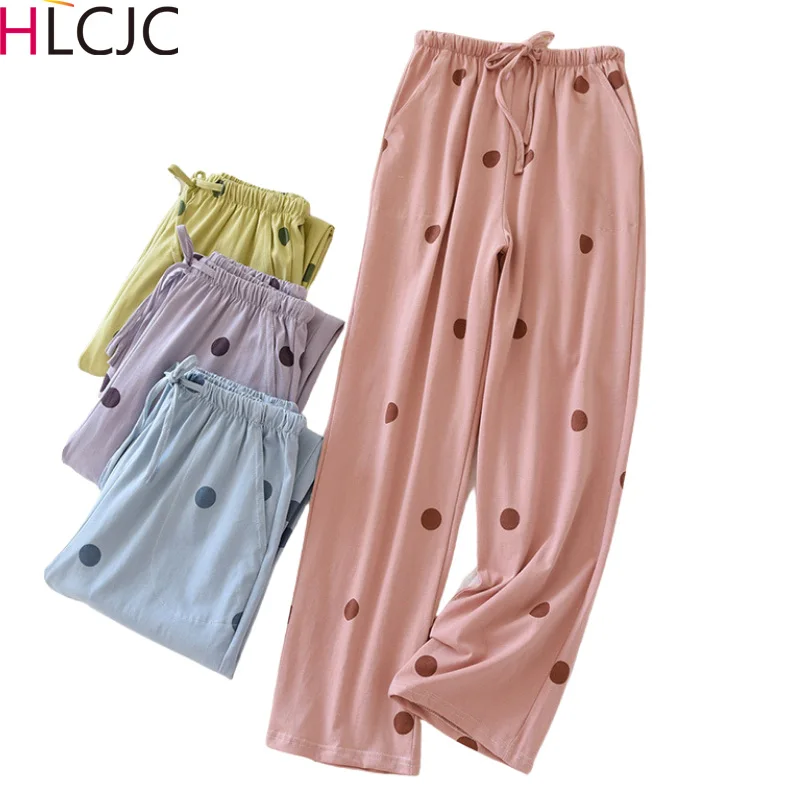 

Women Pants Four Seasons Knitted Cotton Cute Polka Dot Home Pants Summer Thin Pajama Pants Sleep Bottoms Girls Wearable Pajamas