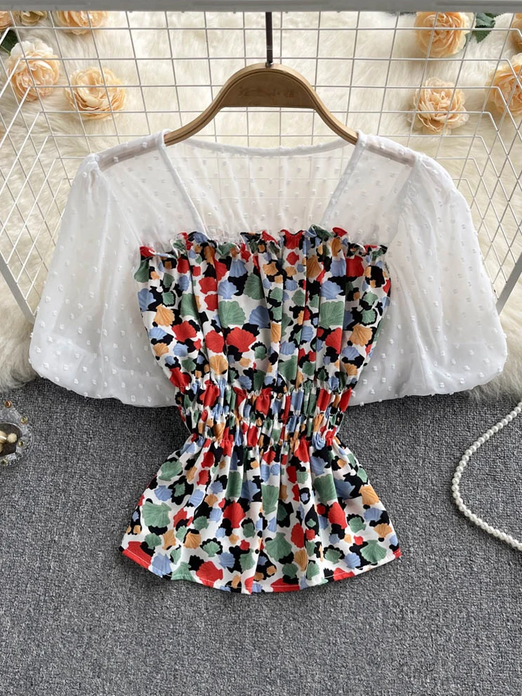 

YuooMuoo 2022 New Summer Floral Print Chiffon Women Blouses Tops Casual Short Sleeve Slim Elastic Waist Female Shirts