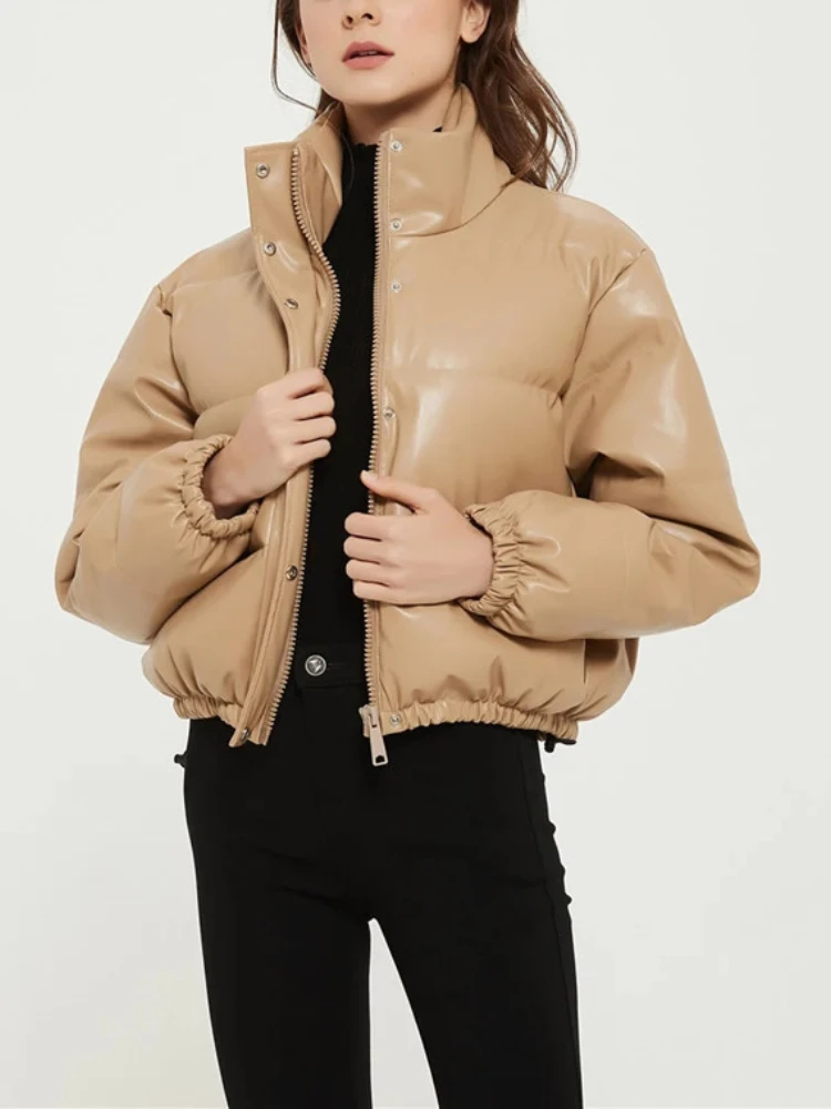 

Women's Jacket Fashion Europe America Style Winter Cotton Clothes Pure Imitate Leather Coat Stand Collar Pu Jacket Tops Parkas