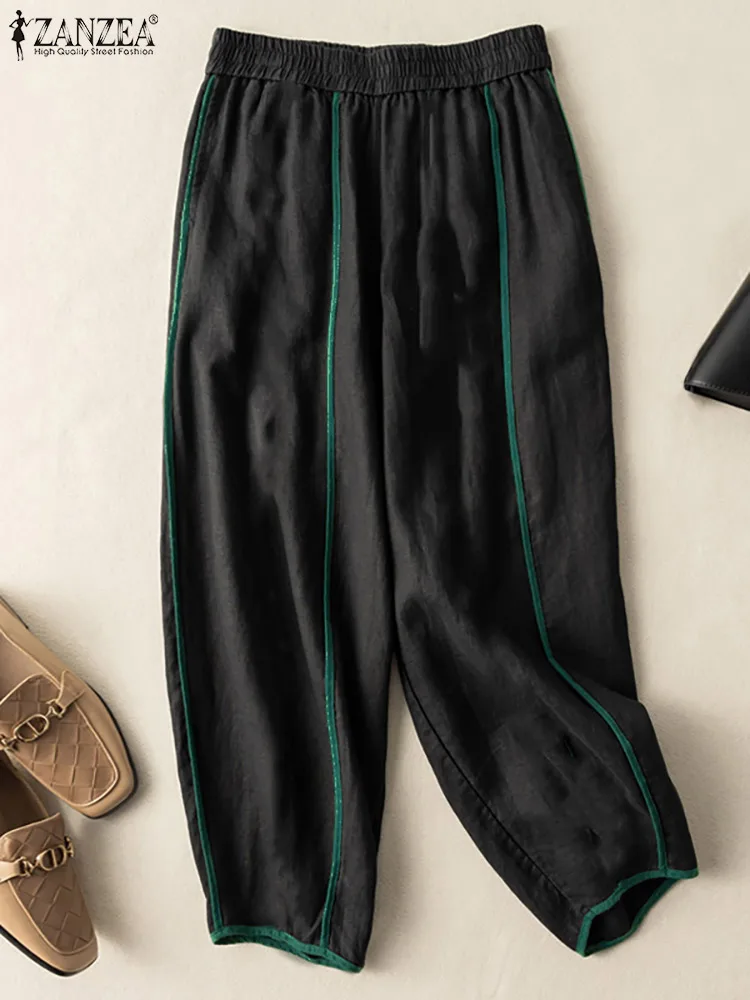 

Модные женские брюки ZANZEA 2022 летние свободные брюки оверсайз повседневные однотонные брюки с эластичным поясом Капри уличная одежда