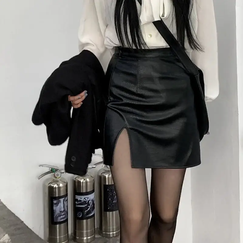

Punk Leather Skirt Women Black Sexy Split Slim High Waisted A-line Mini Skirts Autumn Korean Fashion Harajuku Streetwear
