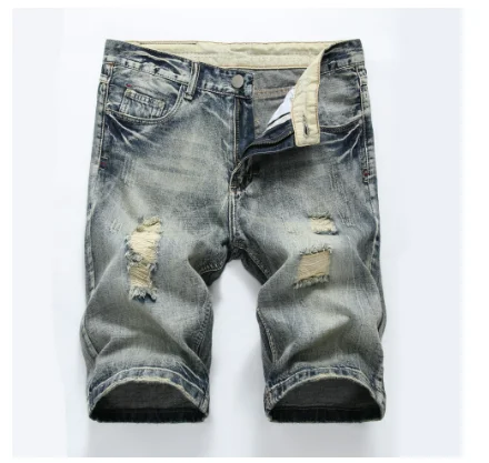 

2023 Summer New Fashion Retro Style Men Ripped Denim Shorts Hole Patch Broken Male Knee Length Jean