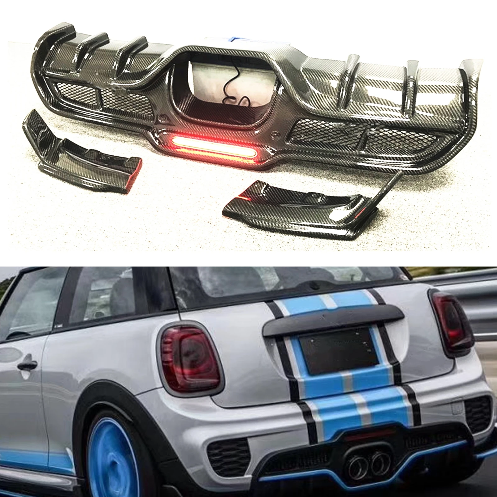 

For Mini Cooper S F54 F55 F56 F57 (Advance Version Only) Rear Bumper Diffuser Kit Carbon Fiber Boot Spoiler Splitter Lip W/ Lamp