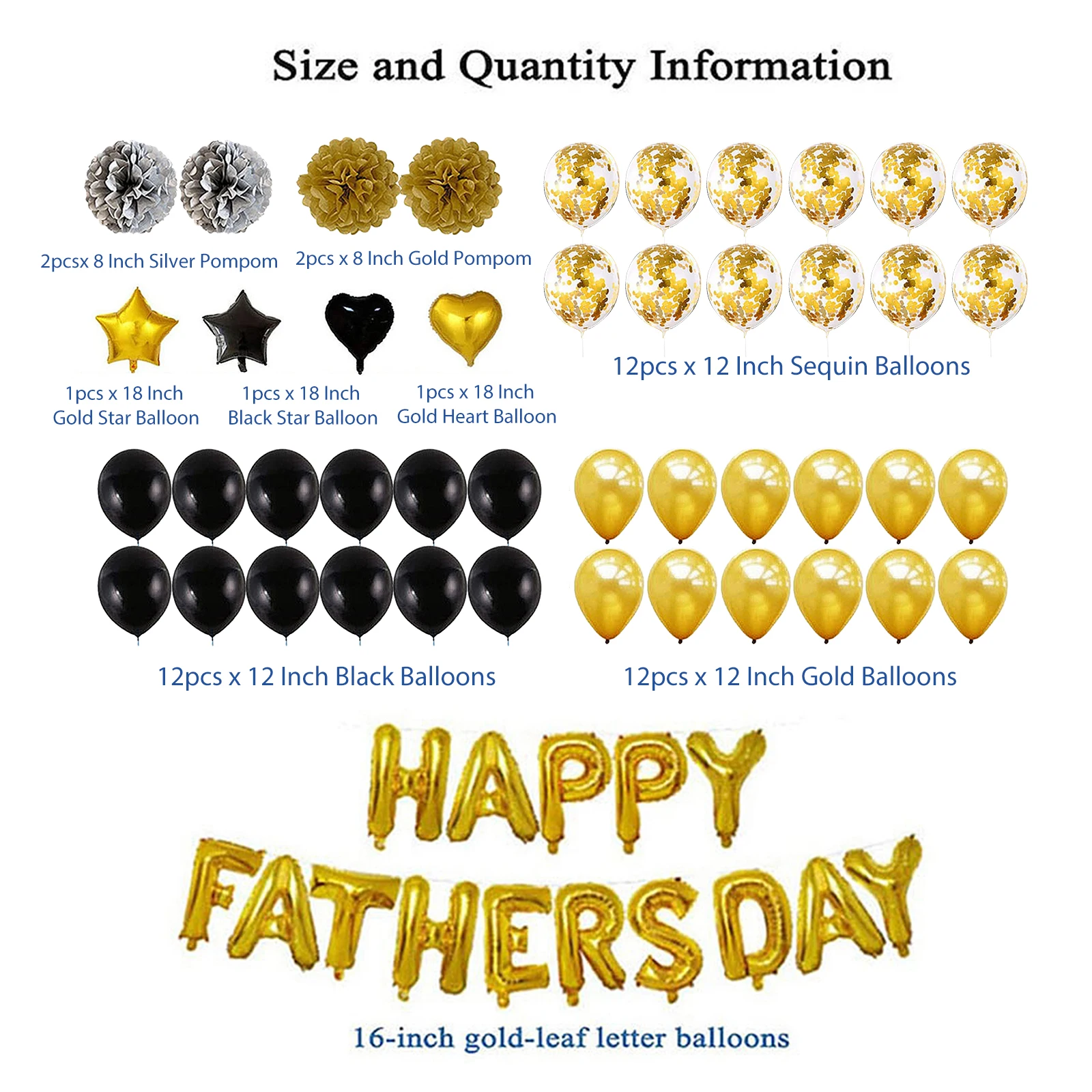 

4pcs Father's Day Party Decorations Set Black Gold Sequin Balloons Foil Balloon Pompom Party Supplies for Festivals Decorations