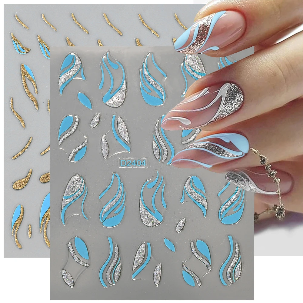 1 шт. синие золотые блестящие наклейки для ногтей с французской линией волнистая