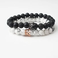 8mm natural volcanic stone frosted black onyx natural white pine rose gold crown yoga charm bracelet for diy jewelry women man