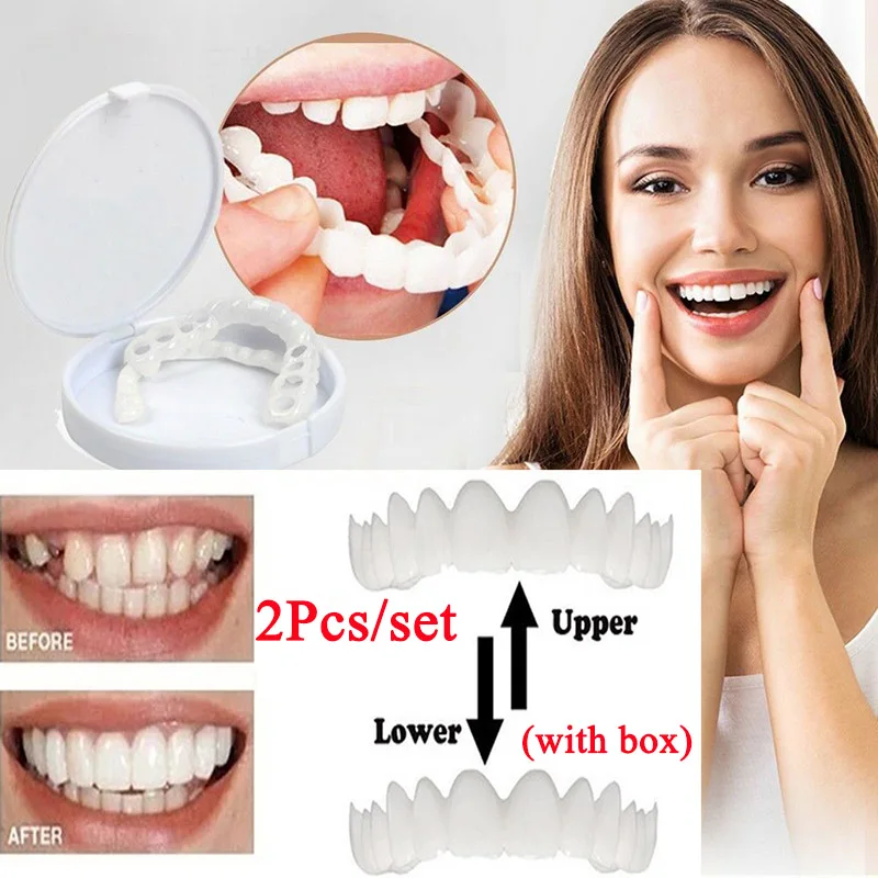

2Pcs/Set Silicone Teeth Whitening Teeth Cover Teeth Braces Simulation Denture Upper Teeth Lower Teeth Set with Box Perfect Smile