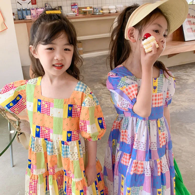 

Girls Dress Colorful Plaid Princess Dresses 2022 Summer Kids Square Neck Beach Vestidos for Sisters 3-7Y Children Cozy Clothes