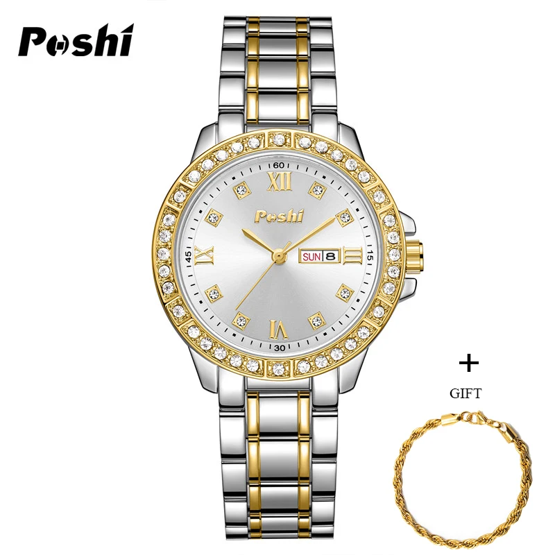 POSHI Quartz Watch for Women Alloy Strap Causal Ladies Wristwatch with Date Week Fashion Elegant Bracelet Waterproof Gift