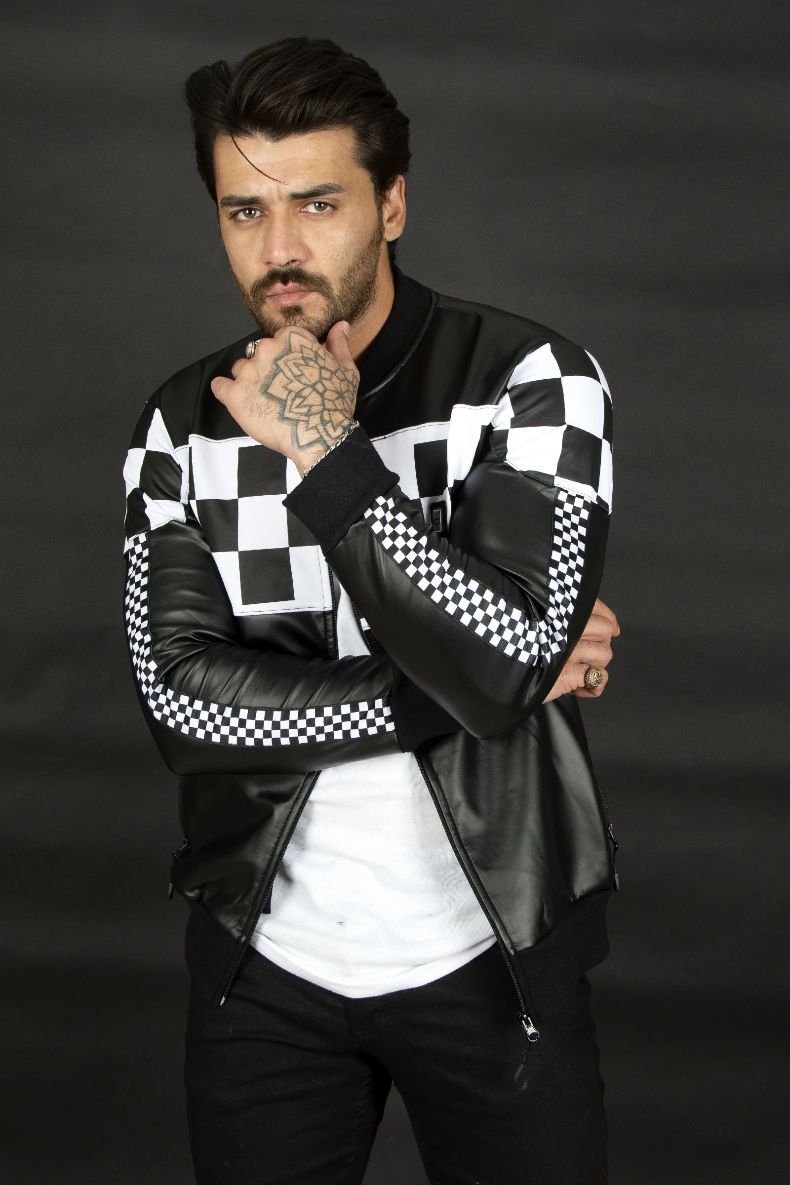 DeepSEA Checkerboard Embossed Zipper Leather Coat 2100182